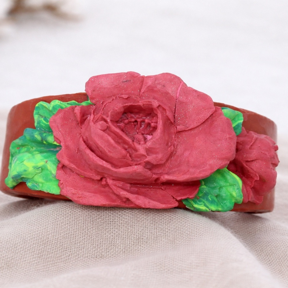 Handmade Red Rose Cuff Bracelet, Romantic Artisan Jewelry Polymer Clay Bracelet - Picture 8 of 9